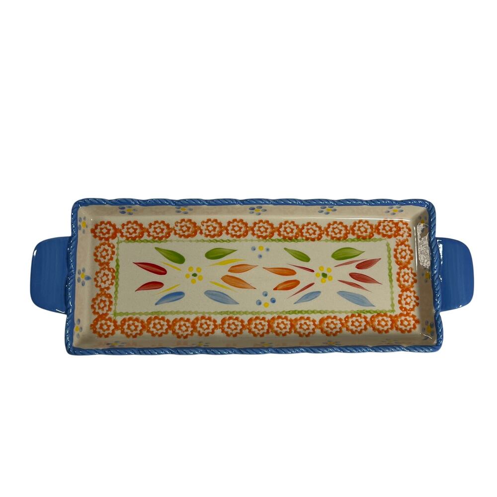 TEMPTATIONS Old World Confetti Rectangular Serving Tray Blue Handles Chipped